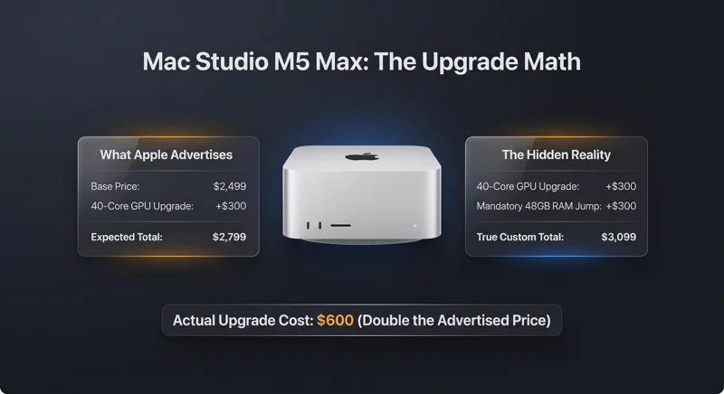 An infographic detailing the hidden pricing structure of the M5 Max Mac Studio, showing how the advertised $300 40-core GPU upgrade automatically triggers a mandatory $300 48GB memory upgrade, doubling the total extra cost to $600.