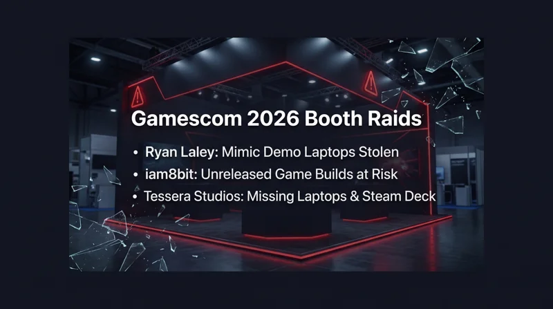 Infographic detailing the Gamescom 2026 booth thefts, listing affected studios including Ryan Laley, iam8bit, and Tessera Studios alongside their stolen hardware.