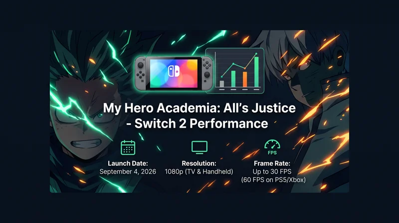 Infographic showing My Hero Academia: All's Justice Switch 2 performance specs, including 1080p resolution and 30 FPS target.