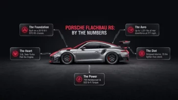 Infographic detailing the performance specs of the Porsche Flachbau RS, including its 700-horsepower twin-turbo engine, weight reduction, and 1,221 lbs of aerodynamic downforce.