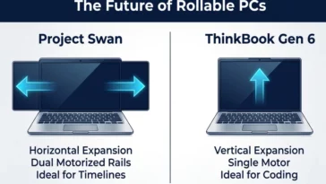 Infographic comparing the horizontally expanding Lenovo Project Swan prototype to the vertically expanding ThinkBook Plus Gen 6 rollable laptop.