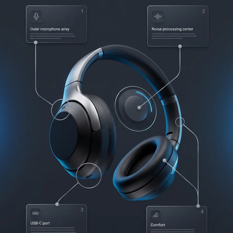 Infographic showing key features of the new $359 Bose QuietComfort headphones, including glasses-friendly ANC seal compensation, two-way USB-C audio, and ergonomic oval earcups.