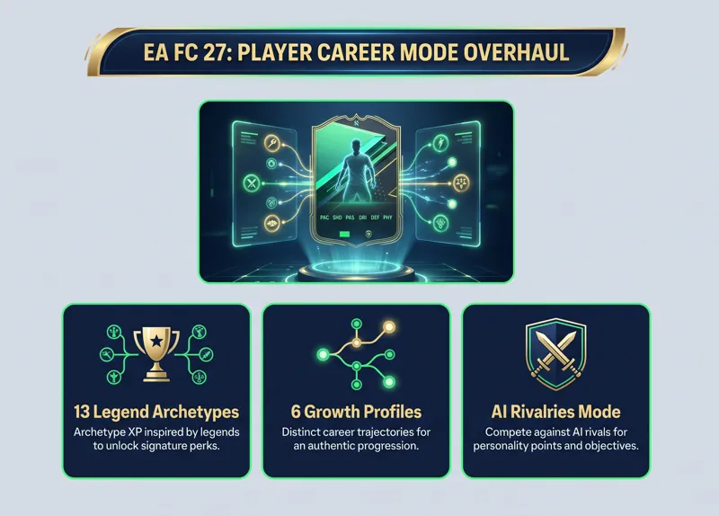 Infographic detailing the new Player Career Mode features in EA FC 27, including the 13 Legend Archetypes, 6 Growth Profiles, and the new AI Rivalries Mode.