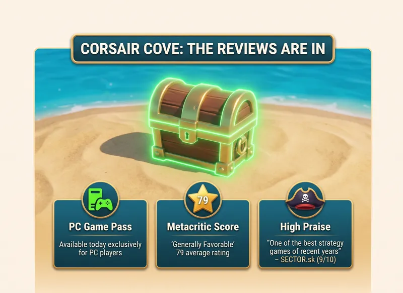 Infographic showing Corsair Cove review scores, its 79 Metacritic average, and its availability on PC Game Pass.