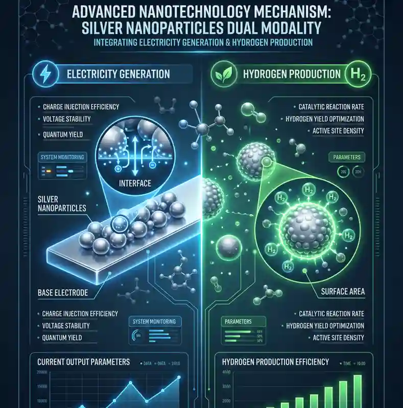 A high-tech infographic detailing the groundbreaking mechanism of silver nanocatalysts in solid oxide cells. The graphic visually contrasts the oxygen reduction reaction (electricity) occurring at the nanoparticle-electrode interface with the oxygen evolution reaction (hydrogen) happening on the particle's outer surface.