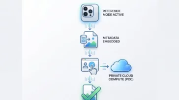 A step-by-step infographic showing how the iOS 27 Apple Reference Image feature works, from activating Reference Mode on the iPhone camera to verifying the photo via Private Cloud Compute.