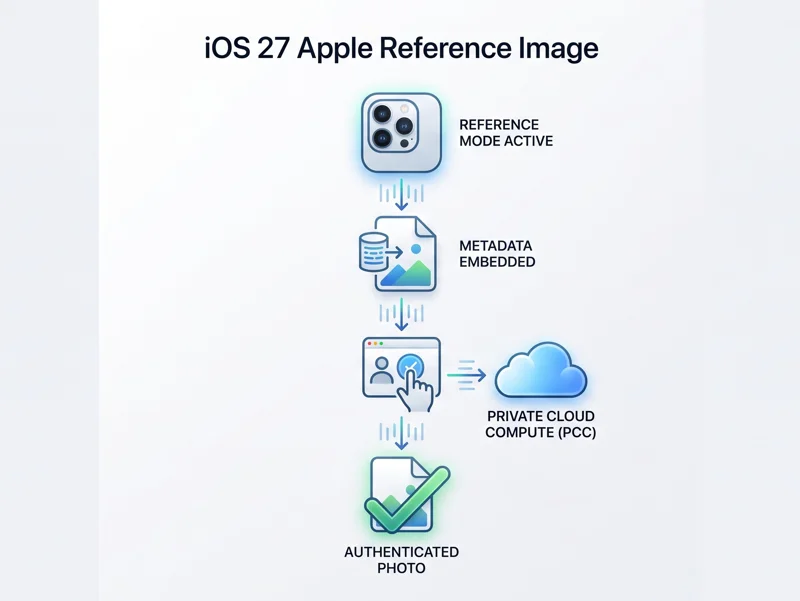 A step-by-step infographic showing how the iOS 27 Apple Reference Image feature works, from activating Reference Mode on the iPhone camera to verifying the photo via Private Cloud Compute.
