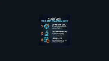 Infographic showing a three-step guide to evaluating fitness gear and supplements, including defining your goal, checking the evidence, and assessing lifestyle fit.