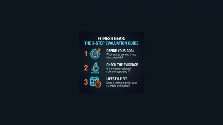 Infographic showing a three-step guide to evaluating fitness gear and supplements, including defining your goal, checking the evidence, and assessing lifestyle fit.