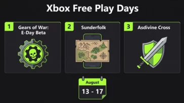 Infographic showing the Xbox Free Play Days lineup for August 13 to 17, featuring the Gears of War E-Day Beta, Sunderfolk, and Asdivine Cross.