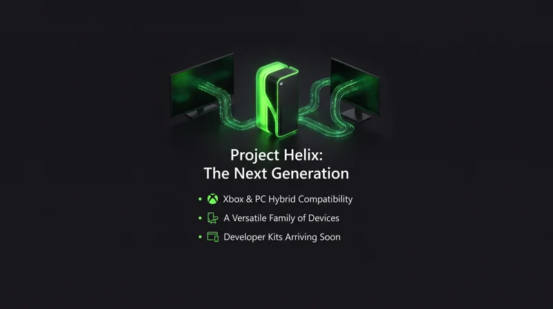 Infographic illustrating Xbox Project Helix as a hybrid console capable of playing both Xbox and PC games within a new family of devices.