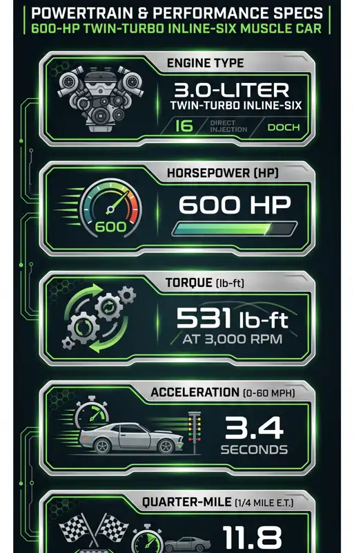 Infographic showing the powertrain performance specifications of the 2027 Dodge Charger Super Bee, featuring its 600-horsepower twin-turbo inline-six engine, 531 lb-ft of torque, and a 0-60 mph time of 3.4 seconds.
