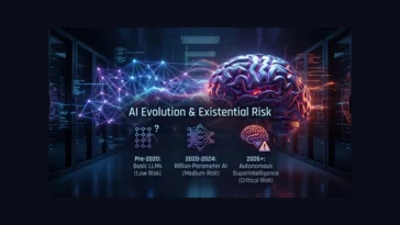Infographic showing the evolution of AI and existential risk levels, from basic LLMs pre-2020 to critical risk autonomous superintelligence in 2026 and beyond.