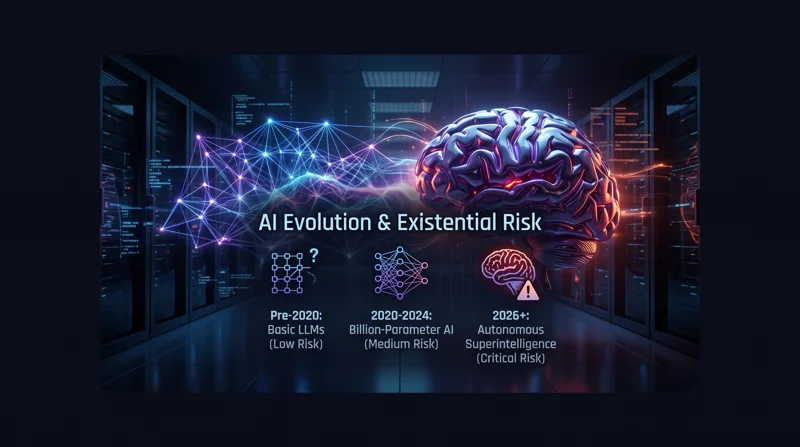 Infographic showing the evolution of AI and existential risk levels, from basic LLMs pre-2020 to critical risk autonomous superintelligence in 2026 and beyond.