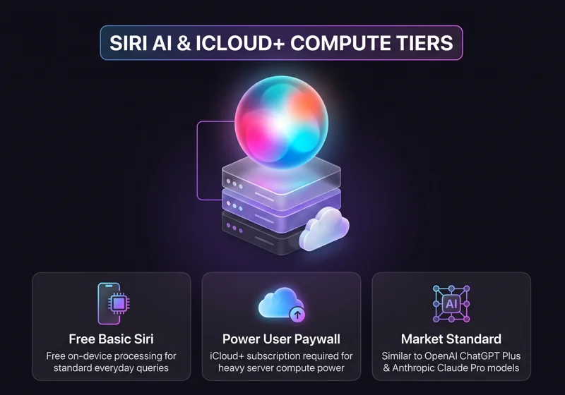 Infographic showing the new Siri AI compute tiers, highlighting free on-device processing and the paid iCloud+ subscription for power users.