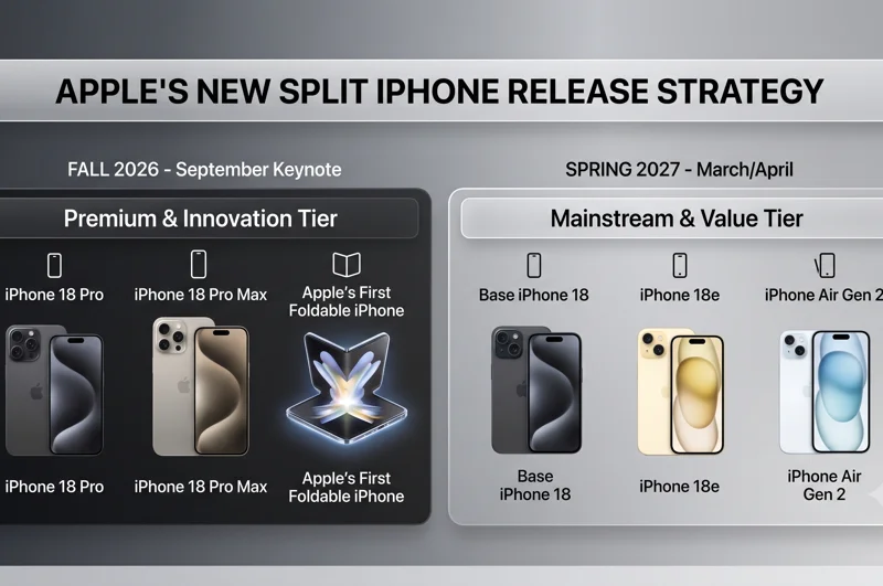 Infographic showing Apple's new split release schedule, featuring the iPhone 18 Pro and Foldable in Fall 2026 and the base iPhone 18 in Spring 2027.