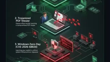Infographic illustrating the step-by-step attack chain of Lazarus Group's Operation Dream Job, from fake recruiter lures and trojanized PDFs to exploiting a Windows zero-day and deploying the Troy backdoor.