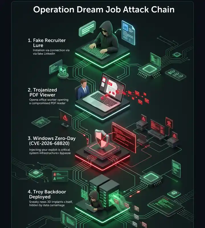 Infographic illustrating the step-by-step attack chain of Lazarus Group's Operation Dream Job, from fake recruiter lures and trojanized PDFs to exploiting a Windows zero-day and deploying the Troy backdoor.