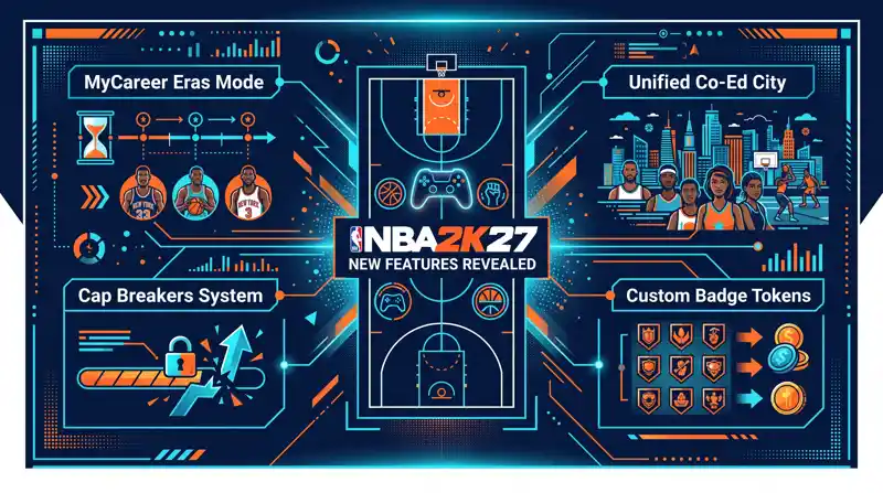 Infographic showing the new gameplay features of NBA 2K27, including MyCareer Eras mode, unified Co-Ed City, Cap Breakers system, and custom Badge Tokens.