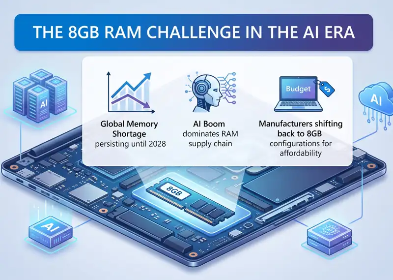 Infographic explaining how the AI boom and global memory shortage are forcing laptop manufacturers to revert to 8GB RAM configurations.