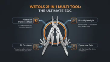 Infographic detailing the key features of the Wetols 21-in-1 multi-tool, including its hardened stainless steel build, ultra-lightweight design, ergonomic grip, and 21 built-in functions.