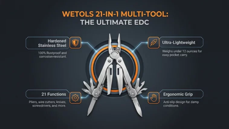 Infographic detailing the key features of the Wetols 21-in-1 multi-tool, including its hardened stainless steel build, ultra-lightweight design, ergonomic grip, and 21 built-in functions.