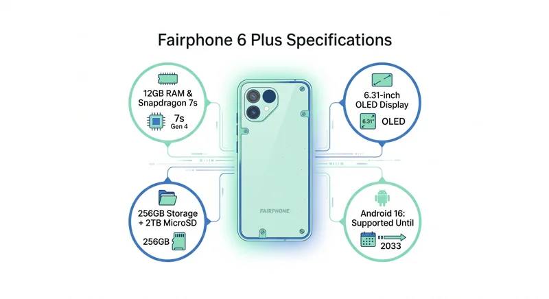 Infographic showing the Fairphone 6 Plus hardware specs, featuring 12GB of RAM, a Snapdragon 7s Gen 4 processor, a 6.31-inch OLED display, and guaranteed Android 16 support until 2033.