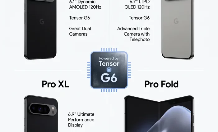 Infographic displaying the four new Google Pixel 11 smartphones, including the standard Pixel 11, Pro, Pro XL, and Pro Fold, highlighting the new Tensor G6 processor.