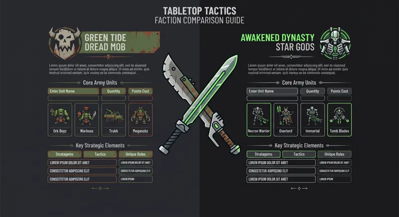Infographic showing the army lists for the Orks vs Necrons Battle Report on Warhammer TV, featuring the Green Tide and Awakened Dynasty detachments.