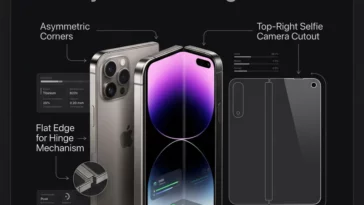 Infographic showing the leaked iPhone Ultra screen protector with asymmetric corners, straight hinge edge, curved outer edge, and front camera cutout.