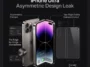 Infographic showing the leaked iPhone Ultra screen protector with asymmetric corners, straight hinge edge, curved outer edge, and front camera cutout.
