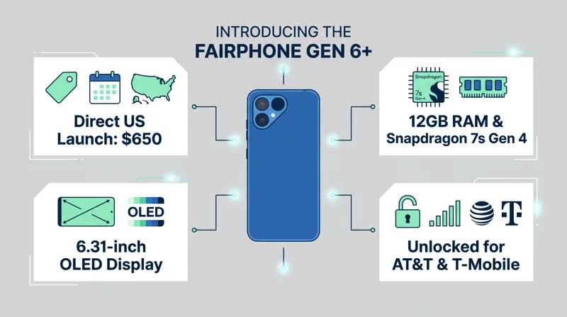 Infographic showing the Fairphone Gen 6 Plus specs, including a direct $650 US launch price, 12GB of RAM, Snapdragon 7s Gen 4 processor, 6.31-inch OLED display, and unlocked AT&T and T-Mobile compatibility.