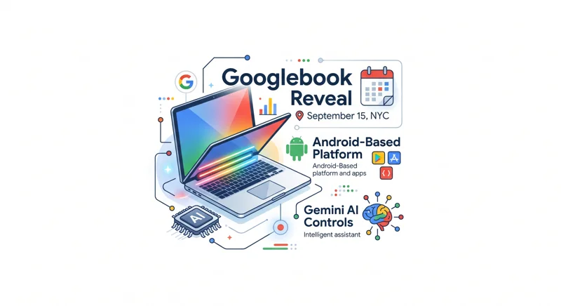 Infographic showing the new Googlebook laptop with its core features, including the Android-based platform, Gemini AI controls, and the September 15 New York City reveal date.