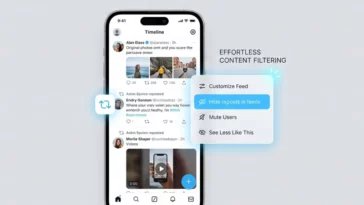 A UI infographic showing a smartphone screen displaying a Bluesky profile with a highlighted pop-up menu option that reads "Hide reposts in feeds".