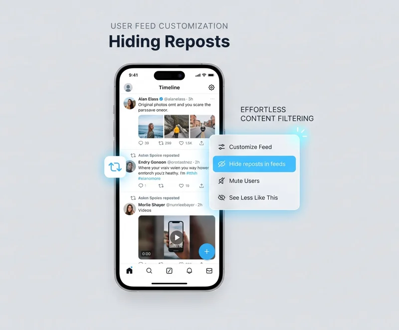 A UI infographic showing a smartphone screen displaying a Bluesky profile with a highlighted pop-up menu option that reads "Hide reposts in feeds".