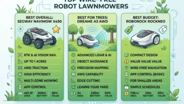 Infographic comparing top wire-free robot lawnmowers including Segway Navimow X430, Dreame A3 AWD, and Roborock RockNeo.