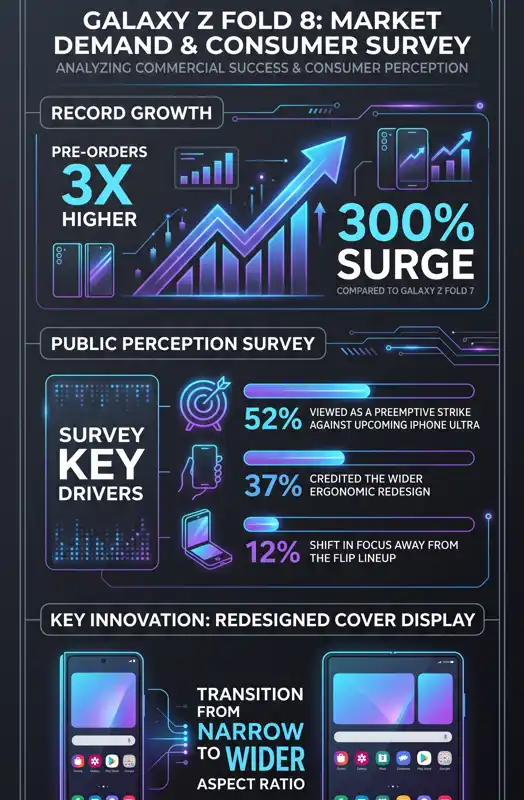 Infographic illustrating Samsung Galaxy Z Fold 8 pre-order success, showing a 300% surge over the Fold 7 and a breakdown of survey results regarding the iPhone Ultra competition.