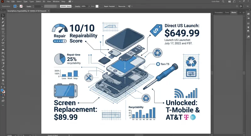 Infographic illustrating the modular Fairphone 6 Plus with a 10 out of 10 repairability score, a $649.99 direct US launch price, an $89.99 screen replacement cost, and unlocked support for T-Mobile and AT&T.