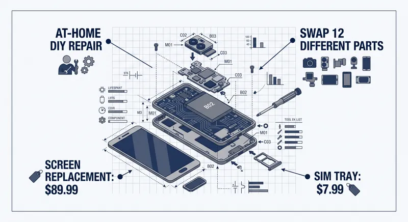 Exploded view infographic of the modular Fairphone Gen 6 Plus, highlighting at-home DIY repair capabilities for 12 different parts, an $89.99 screen replacement cost, and a $7.99 SIM tray.