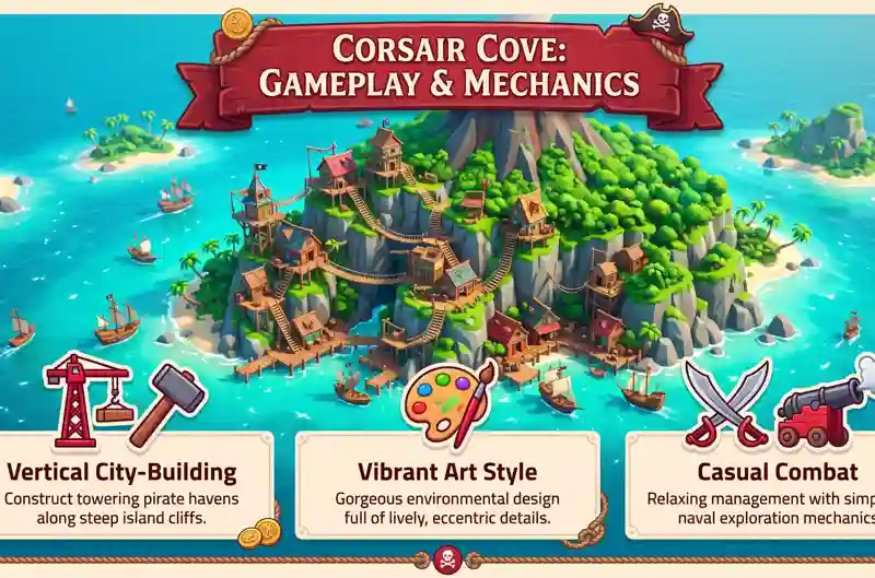 Infographic detailing the gameplay features of Corsair Cove, including vertical city-building, a vibrant art style, and casual naval combat.
