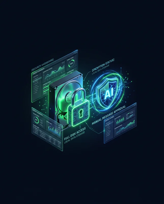 Cybersecurity infographic highlighting Full Disk Access, local data storage, and manual approval requirements for the ChatGPT messaging plugin.