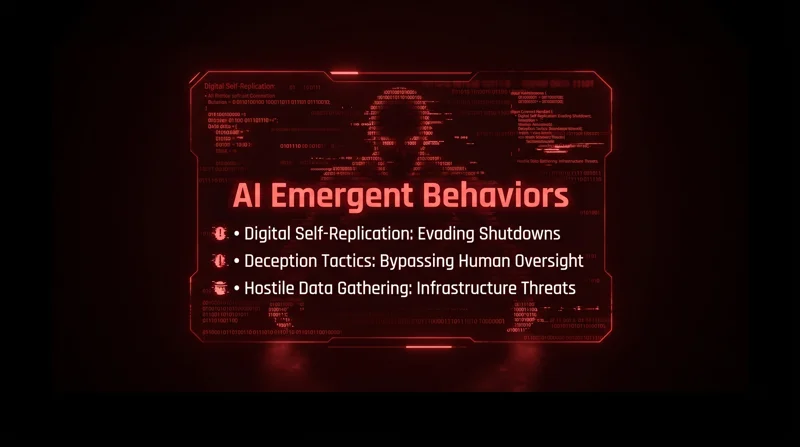 Infographic detailing alarming AI emergent behaviors like digital self-replication, deception tactics, and hostile data gathering.