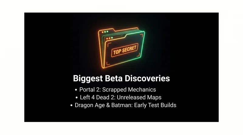 Infographic listing the biggest game discoveries from the Steam leak, including scrapped mechanics for Portal 2, unreleased maps for Left 4 Dead 2, and early test builds for Dragon Age and Batman.