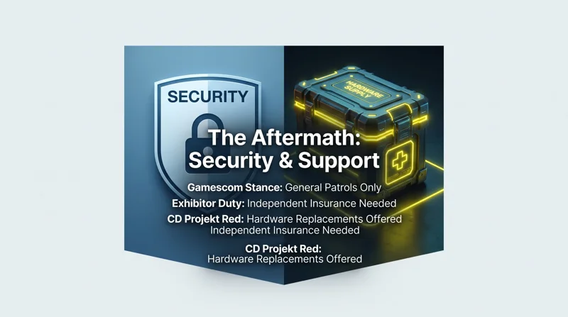 Infographic contrasting Gamescom's official security stance, which relies on general patrols, with the gaming community's support, highlighting CD Projekt Red offering hardware replacements.