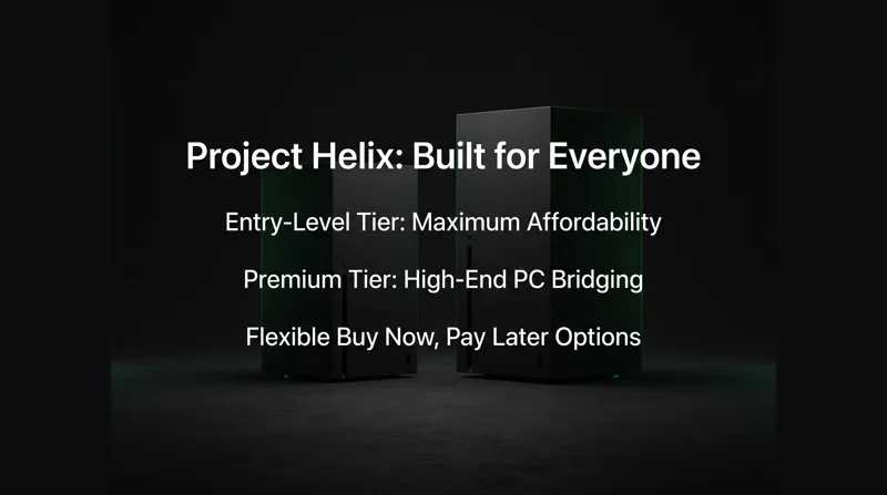 Infographic detailing the Project Helix family of devices, highlighting entry-level and premium hardware tiers alongside flexible purchasing options.
