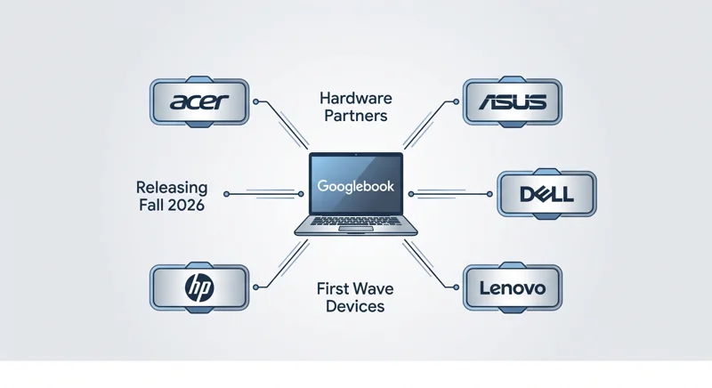 Infographic illustrating the Googlebook launch timeline and its five major hardware partners: Acer, ASUS, Dell, HP, and Lenovo, with the first devices arriving in Fall 2026.