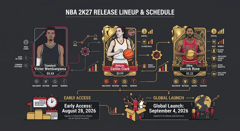 Infographic displaying the NBA 2K27 editions with Victor Wembanyama on Standard, Caitlin Clark on Deluxe, Derrick Rose on Ultra, along with the August 28 early access and September 4, 2026 global launch.