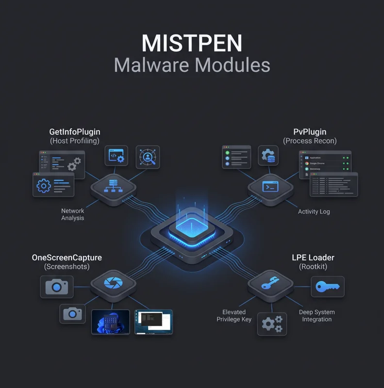 Infographic detailing the four main modules of the MISTPEN malware, including GetInfoPlugin, PvPlugin, OneScreenCapture, and the LPE Loader for rootkit deployment.