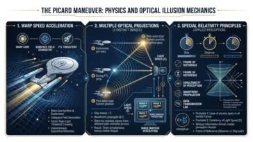 A clean, modern science infographic illustrating warp speed acceleration, multiple optical projections creating three distinct images, and special relativity principles with wide negative space framing.