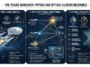 A clean, modern science infographic illustrating warp speed acceleration, multiple optical projections creating three distinct images, and special relativity principles with wide negative space framing.
